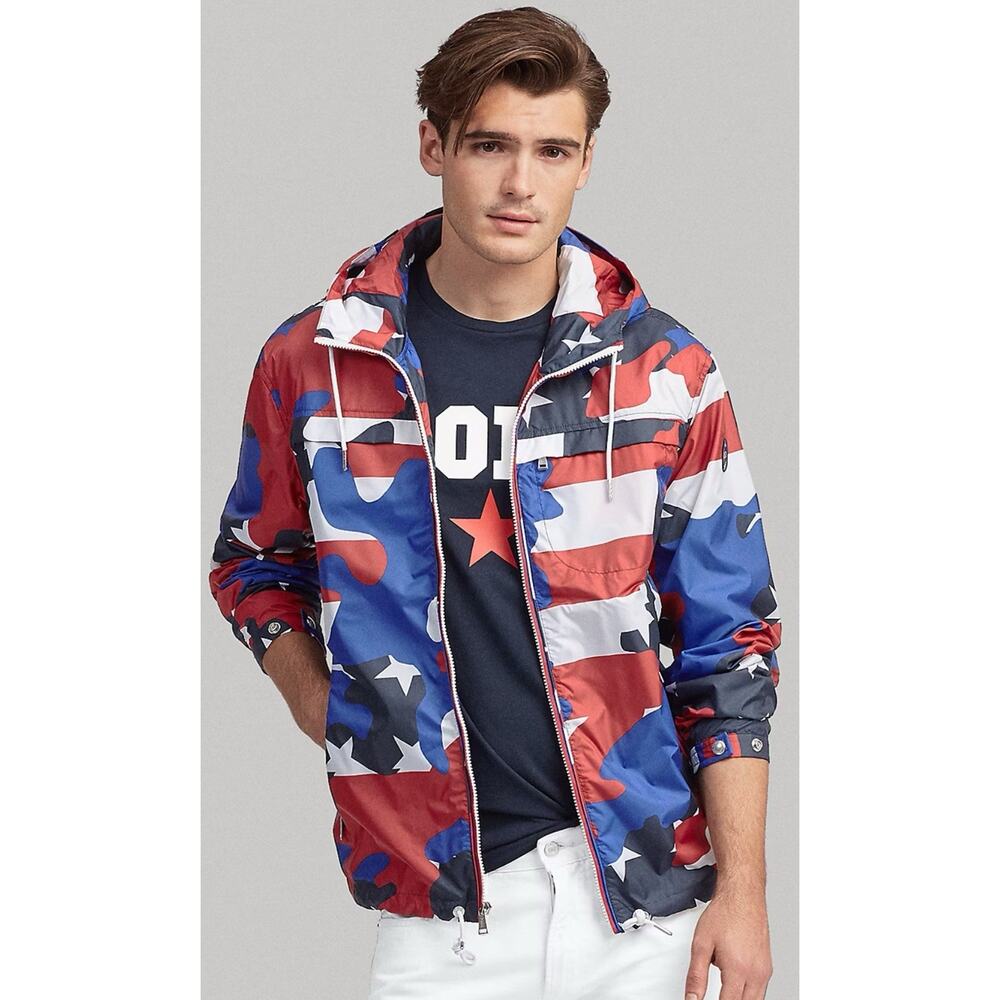 Polo RALPH LAUREN Packable AMERICANA Camo JACKET Hoodie‎ RED WHITE BLUE Men MED